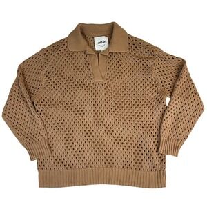 Aerie Oversized‎ Open Knit Polo Sweater in Tan Women's Size Medium 100% Cotton